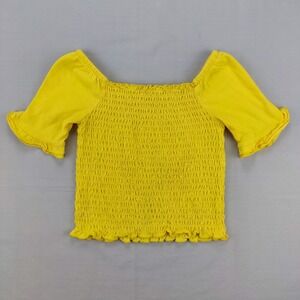 1775 Smocked Top Girls Size L 6X Yellow Short Sleeve Ruffle Hem Square Neck